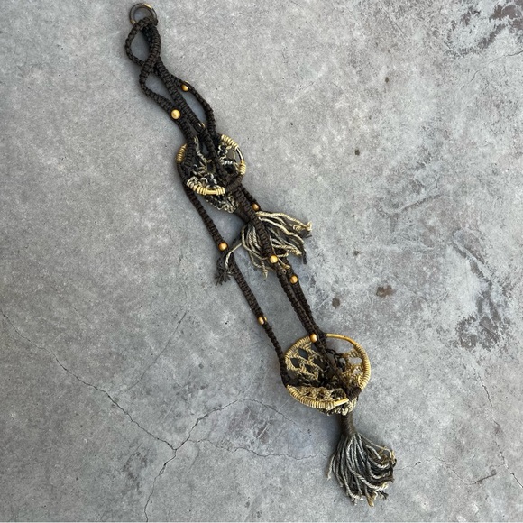 Vintage 70s Macrame Double Plant Hanger in Brown Tan with Wood Beads - Picture 7 of 7